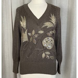 Vintage Sweater Womens Size Small Brown Knit V Neck Lightweight Embellished 80s